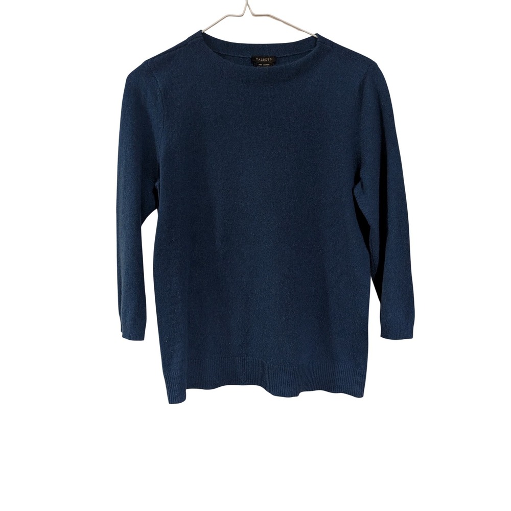 Talbots Sweater Womens Medium Blue 100% Cashmere Crew Neck 3/4 Sleeve Knit
